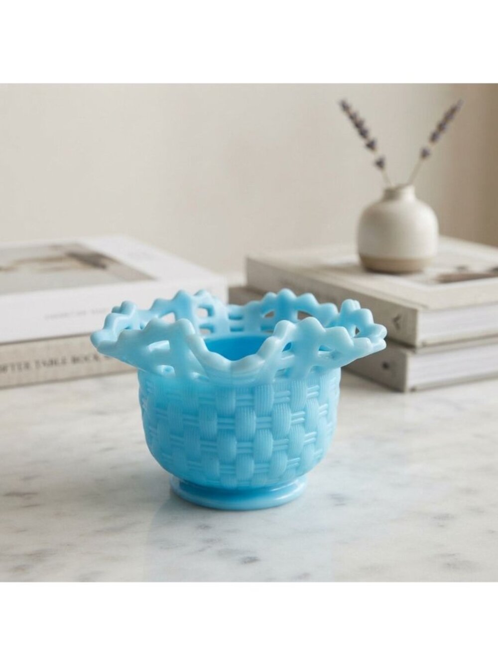 Vintage Fenton Blue Slag Glass Basketweave Rose Bowl Toothpick Holder